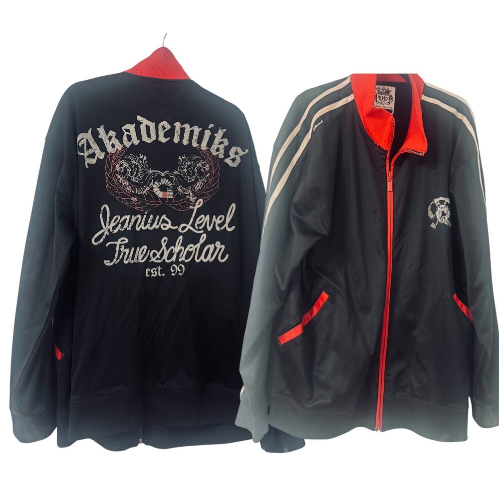 AKADEMIKS Mens Full Zip Black Jacket 3XL‎ Streetwear Graphic Tracksuit Y2K